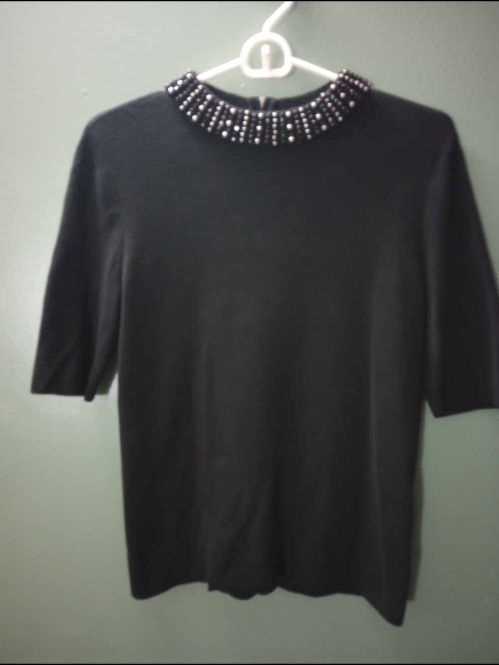 Talbots Black Short Sleeve Sweater with Beaded Collar Detail